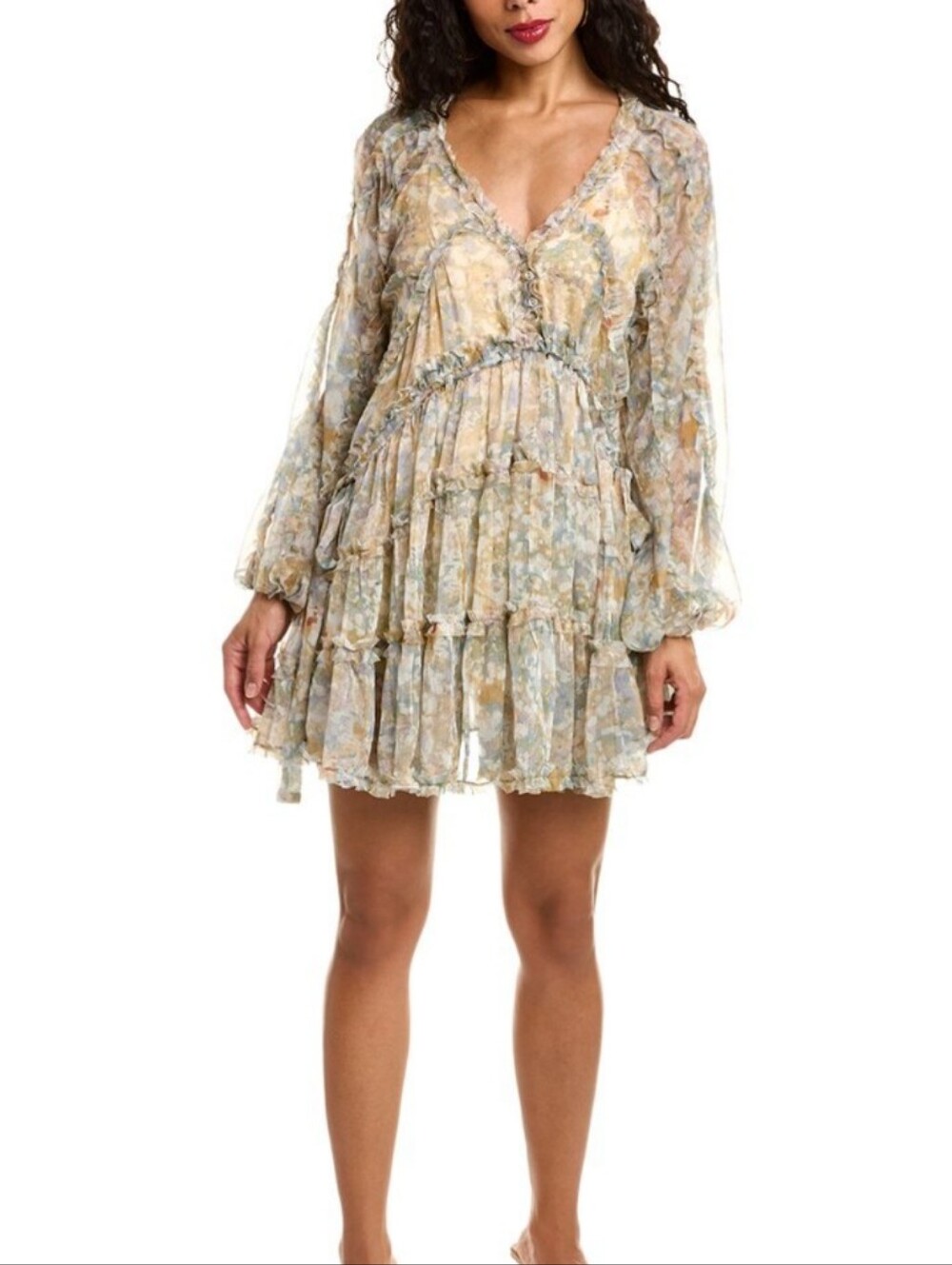 Tiered V‑Neck Floral Mini Dress in Pale Yellow
